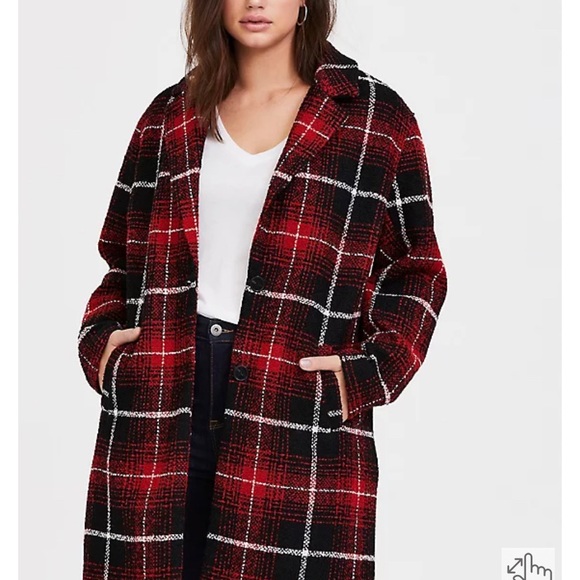 Torrid RED & BLACK PLAID WOOLEN WEDGE COAT - Picture 3 of 13